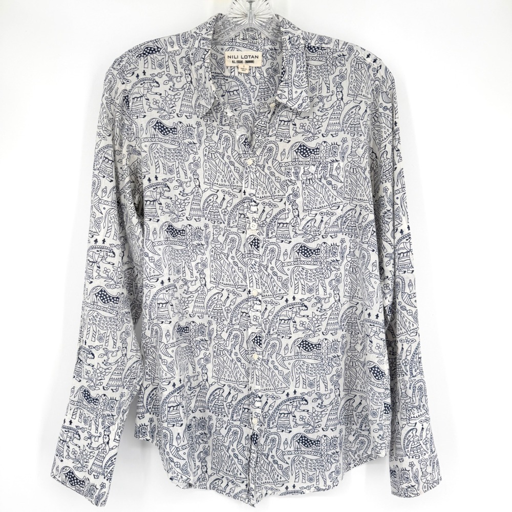 Nili Lotan Button Down Shirt Blue White Elephant Print Folk Art Cotton Voile S‎